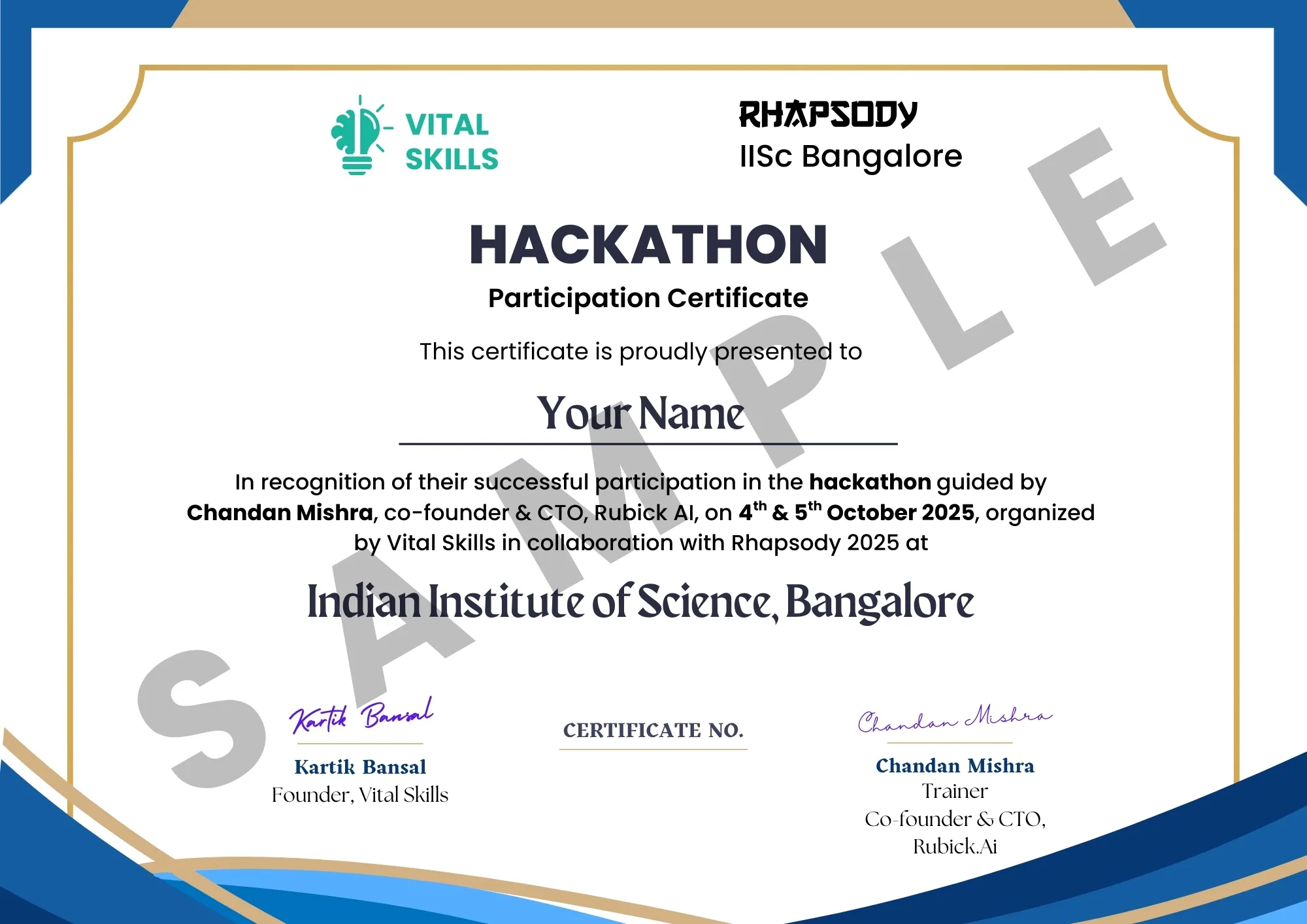 IISc Bangalore - Sample Participation Certificate